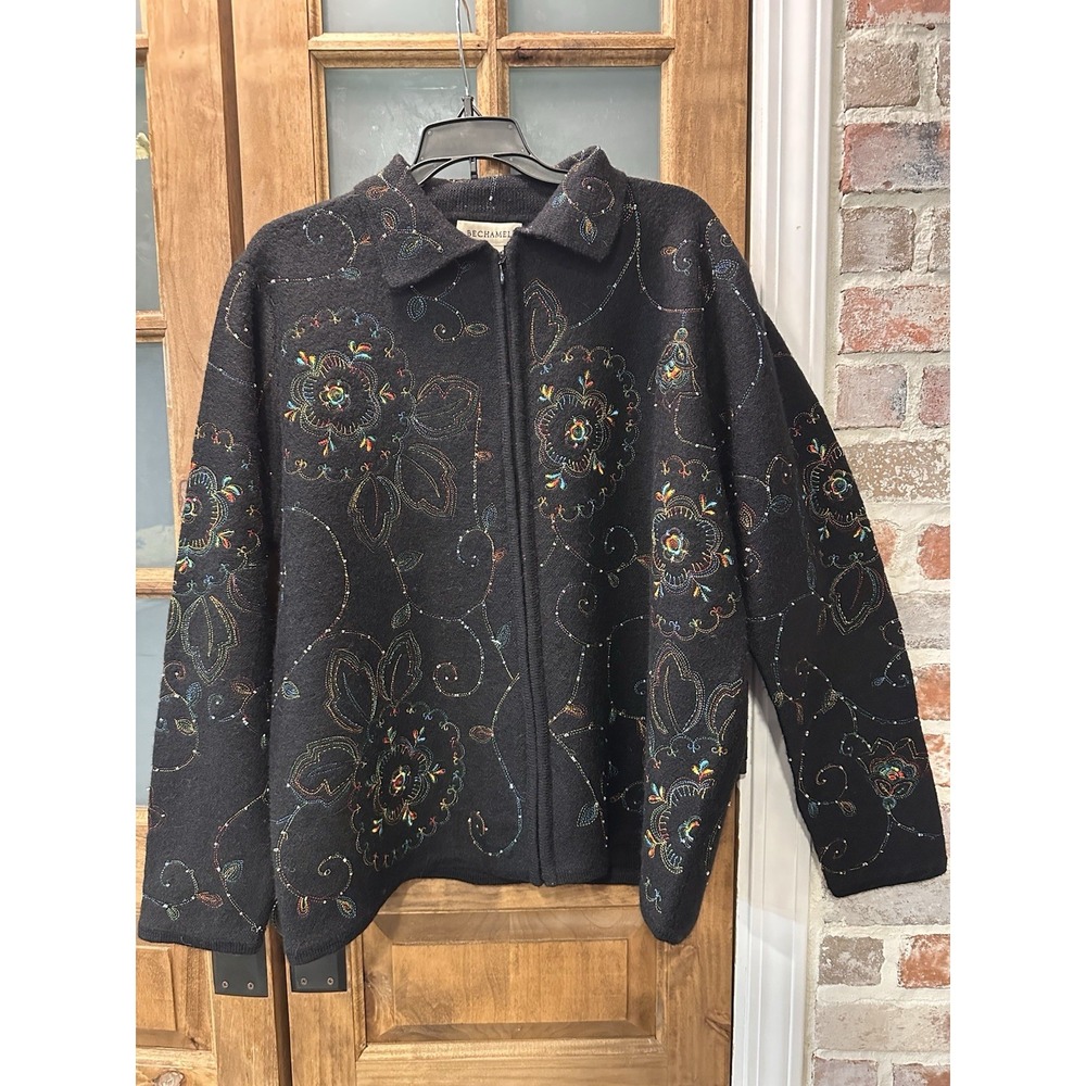 BECHAMEL Jacket XL Black Wool Rainbow Embroidered Full Zip Beaded‎ Floral Hippie